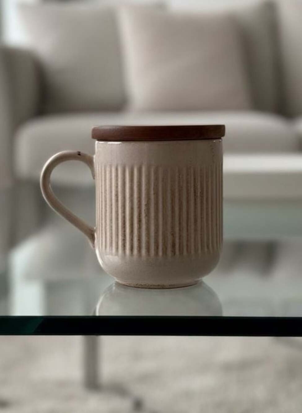 Handcrafted Ceramic Ribbed Mug with Wooden Lid